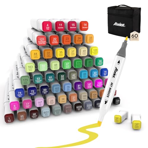 ABEIER 60 Farben Alkohol Stifte Set Schnell Trocknende Alkohol Marker Doppelseitige Marker Stifte Meißel & Feine Alkoholmarker für Malerei Zeichnen Design Manga Permanentmarker mit Tragetasche