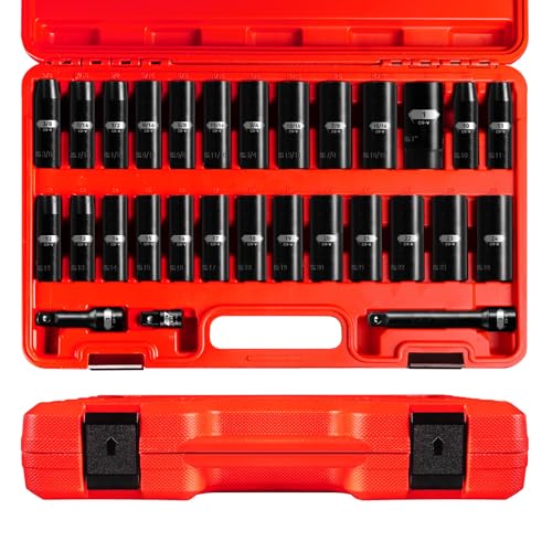 PGROUP 1/2 Inch Drive Deep Impact Socket Set, 29-Piece Standard 6 Point SAE and Metric Sizes (3/8' - 1', 10mm - 24mm), Chrome Vanadium Steel, with 3', 5' Impact Extension Bars and Socket Adapter