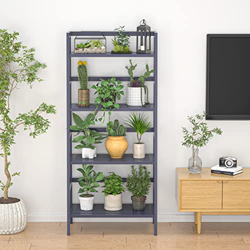 Homykic Ladder Bookshelf, 4-Tier Bamboo Ladder Shelf 49.2” Open Bookcase Book Shelf Freestanding Bathroom Storage Rack Plant Stand For Living Room, Bedroom, Small Space, Easy Assembly, Blue Grey #TOP6