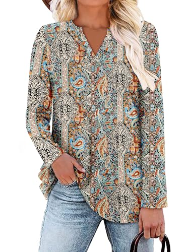 CRAZY GRID Women V Neck Fall Top Loose Fashion Casual Long Sleeve Shirt Comfy Blouse for Daily Wear and Office Work S-3XL