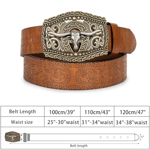 Image of UTOWO Western PU-Leather Cowboy Buckle Belt for Men and Women Jeans Engraved Floral Longhorn Bull Buckle Belt (25-38 inch waist)