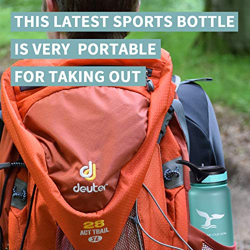 TILUCK Water Bottle with Straw Lid 34oz Motivational Fitness Sports Water Bottle with Time Marker & Straw, Large Wide Mouth Leakproof Durable BPA Free Non-Toxic (Green)