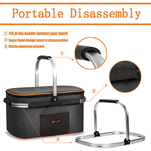 ALLCAMP Insulated Picnic Basket Portable Cooler Bag for Travel, Shopping, Camping (Medium Jet Gray) - Thumbnail 6