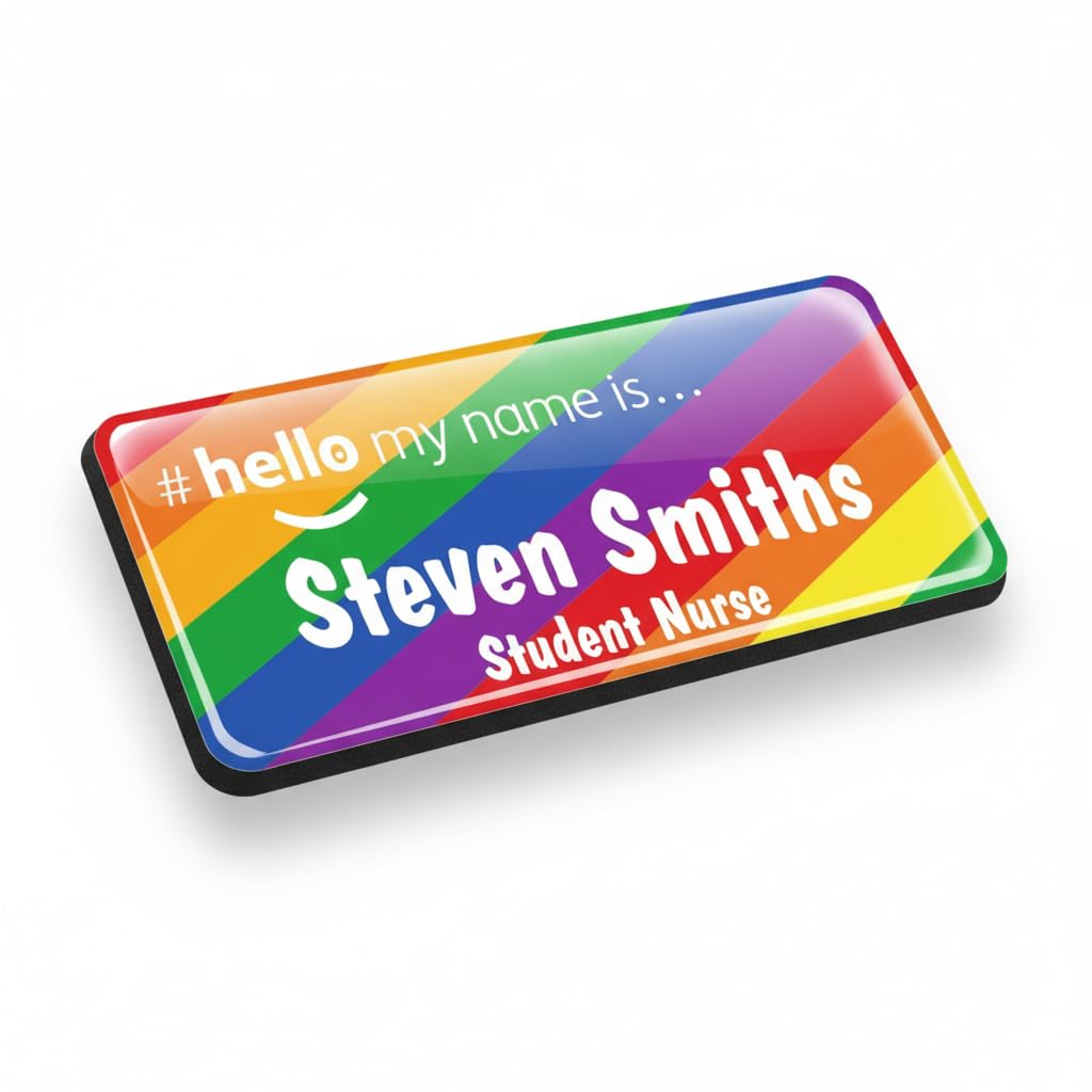 Badgemaster Diagonal Stripes Rainbow Hello My Name is Durable Personalised Name Badges Magnet White Black 76 x 32mm