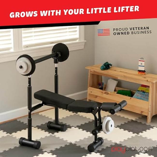 Play Platoon Kids Weight Bench Set - Kids Gym Equipment for Home - Bench Press Weight Sets for Boys - Toddler Gym Set Workout and Exercise Equipment - Ages 3+