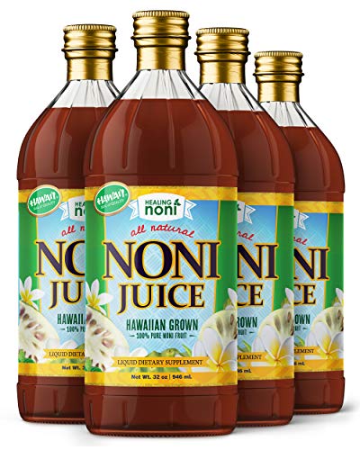 Healing Noni - 100% Pure Hawaiian Noni Juice - 4 Pack of 32oz Glass Bottles