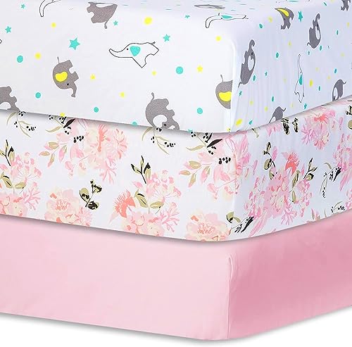 Image of Crib Sheet,3 Pack Crib Sheet for Baby Girl Boy Size 28"x 52" for Standard Crib and Toddler Mattresses, Floral/Elephant/Pink
