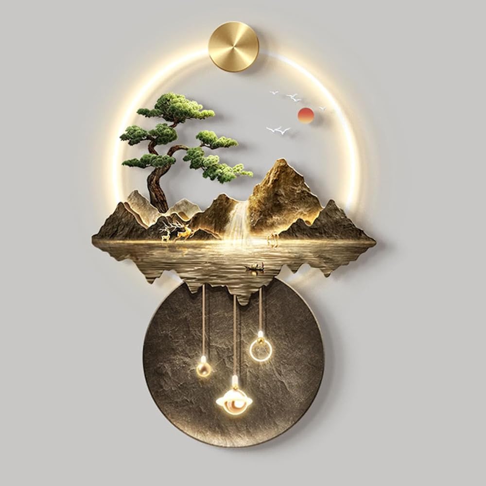 LED Mountain and Water Landscape Wall Art With Light - 3D Hanging Sculptures Decor for Home Entrance Hallway (Size: 50 * 70)