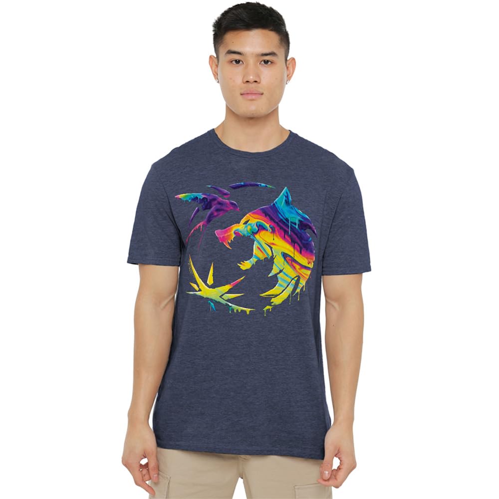 The Witcher Rainbow Paint Crest Unisex T Shirt, Navy, Large
