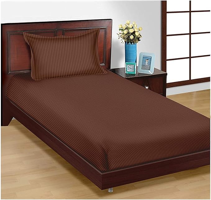 Image of DECOR2ADMIRE 300 TC Premium Glace Cotton All Round Elastic Fitted Plain Stripe Pastel Shades Queen Size Bedsheet with 2 Pillow Covers (Brown, Single 60 inch x 90 inch)
