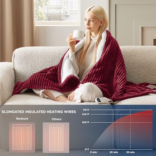 Image of Bedsure Electric Blanket Heated Throw - Soft Ribbed Flannel Heated Blanket, Fast Heating Electric Throw with 6 Heating Levels & 4 Time Settings, 3 Hours Auto-Off (50x60 inches, Red)