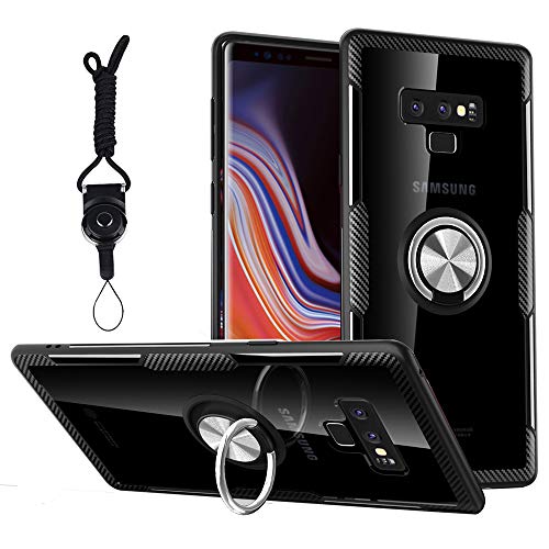 Samsung Galaxy Note 9 Case,360 Rotating Ring Holder Kickstand without Magnetic Car Mount Sling Rubber Bumper Clear Carbon Fiber Back Cover Armor Protective Case for Samsung Galaxy Note 9 Case (Black)