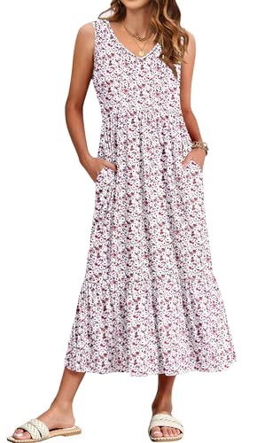 WNEEDU Damen Sommerkleider Lang Strandkleider V-Ausschnitt Maxikleider Ärmellos Empire Kleider mit Taschen Rosaweiße Blume L