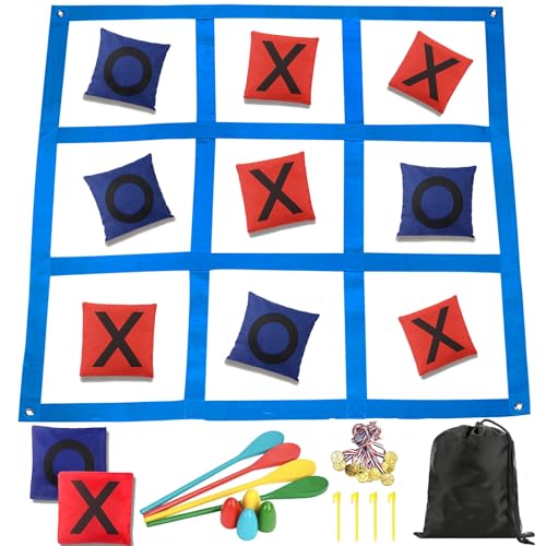 2-in-1 Outdoor Giant Tic Tac Toe Bean Bag Toss Games for Kids Adults Egg Spoon Relay Race Game 4X4FT Large Lawn Yard Games Backyard Outside Family Reunion Birthday Party Field Day Outdoor Fun Games