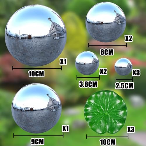 Newtic 9 Stück Edelstahl Gartenkugel, Klein Garten Teiche Deko Set, Silberne Schwimmkugeln für Teich Miniteich Edelstahl Spiegelkugel Haus Und Garten Verzierungs Dekoration für Minite