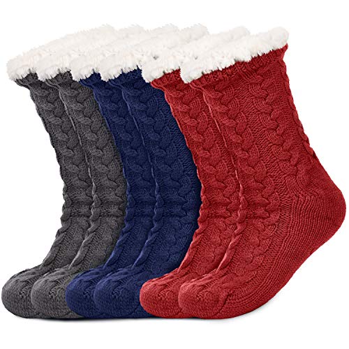 3 Pairs Women's Warm Slipper Socks Christmas Fuzzy Socks Fleece-lined Non Slip Slipper Socks (Blue, Grey and Red)