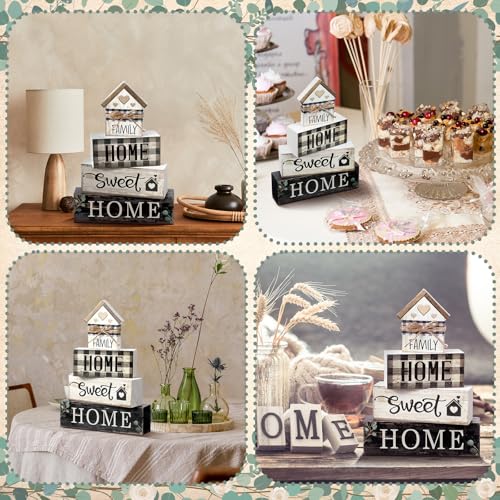 Image of Moucuny 4 Pcs Farmhouse Table Decor Rustic Home Sweet Home Farmhouse Tiered Tray Decor Retro Wooden House Shaped Block Signs Housewarming Gifts Neutral Centerpiece for Kitchen Shelf