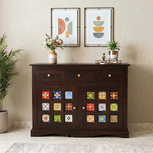 Image of SONA ART & CRAFTS Mini Tile Solid Sheesham Wood Sideboard Cabinet Storage Organizer with 2 Door & 3 Drawer Cabinet for Home Living Room & Bedroom Multi Shelves Cabinets Hallway Dinning (Walnut Finish)