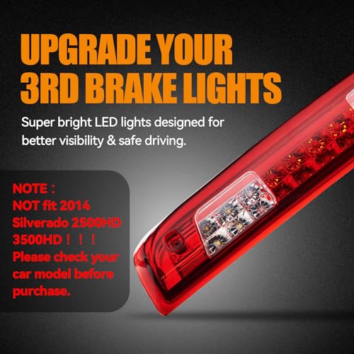 Image of Third 3rd Brake Light LED for 2014-2018 Chevy Silverado /GMC Sierra 1500 2500HD 3500HD, High Mount Rear Brake Lights Assembly, Waterproof Center Cab Cargo Lamp Stop Light (RED)