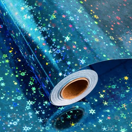 Merture Blue Holographic Wrapping Paper Roll Blue Space Gift Wrap with Shining Galaxy Design for Birthday Baby Shower Christmas Fathers Day Weeding - 17 In X 32.8 Ft (46.5 sq.ft.)