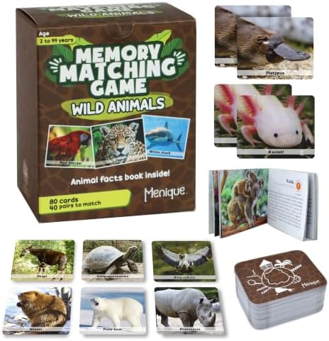 Menique Wild Animals Memory Matching Game – 80 Cards (40 Pairs) with Real Photos – Includes Educational Booklet with Animal Facts – Fun & Cognitive Game for Kids and Adults