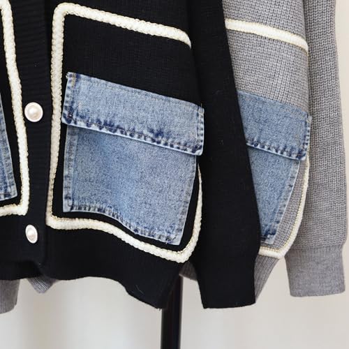 Image of FindThy Women's Casual Button Up Cardigan Oversized Long Sleeve Jean Patchwork Sweater Cardigans