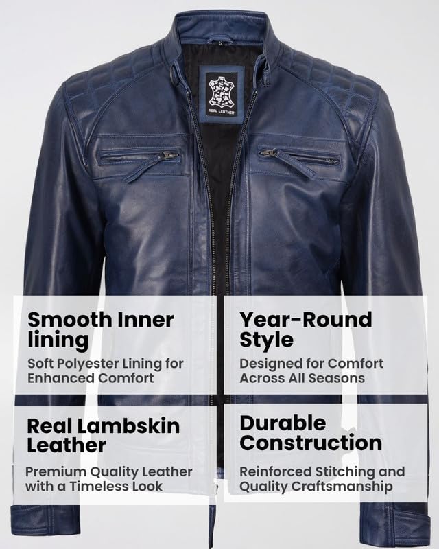 Image of Blingsoul Men's Leather Motorcycle Style Jacket - Quilted Cafe Racer Biker Style Jacket for Men