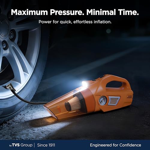 Image of myTVS air Dual Pro 2 in 1 Tyre Inflator & Car Vacuum Cleaner for car 12V |100 PSI Air Pump for Car Tire| 100W High Power Suction for Wet & Dry Cleaning| LED Light, Long Wire 1+1 Year Warranty - TI-8