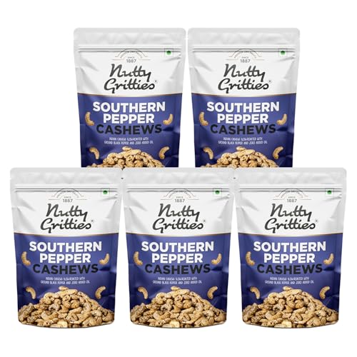Image of Nutty Gritties Southern Pepper Cashew Nuts, 1kg (Pack of 5, 200g each) | Resealable Pouch| Natural Flavoured Whole Cashew