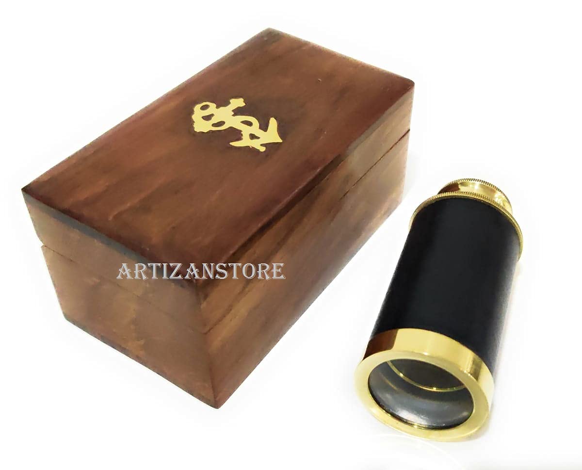 Brass Handheld Telescope, Functional Vintage Telescope, Pirate Navigation with Anchor Wooden Box (Black Leather), Portable Collapsible Marine Spyglass Collectible Décor, 6”
