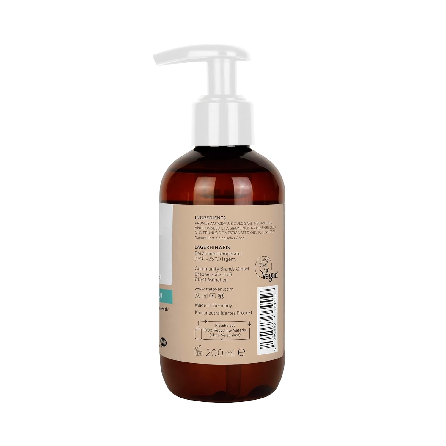 MABYEN Olio di Mandorle Bio per Bambini 200 ml – Vegano, Senza Profumo, Cosmesi Naturale – Per la cura del neonato e come olio da massaggio – Con pratico dosatore