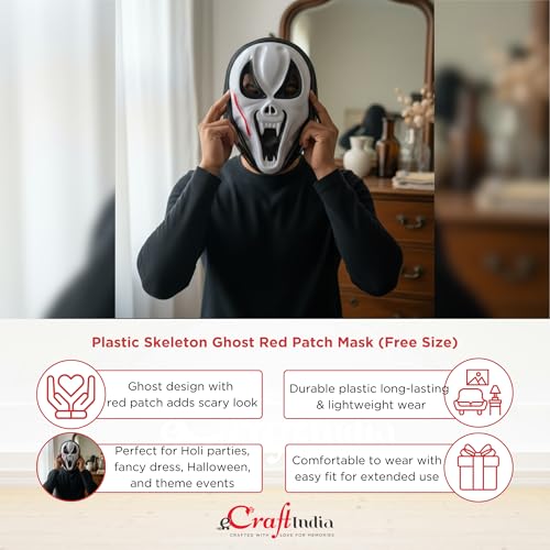 Image of eCraftIndia Plastic Skeleton Ghost Red Patch Mask for Adult & Kids | Holi Fancy Dress Costume Accessory | Free Size