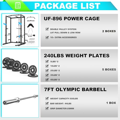 Image of ULTRA FUEGO Power Cage, Multi-Functional Power Rack with J-Hooks, Dip Handles, Landmine Attachment and Optional Cable Pulley System for Home Gym