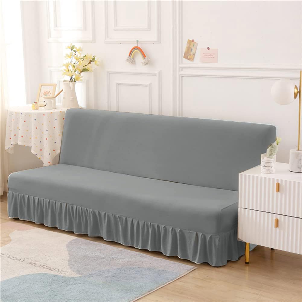 Futon Cover-Stretch Armless Futon Covers Full Size With Skirt Ruffled Futon Sofa Cover Washable Folding Sofa Bed Cover Soft Futon Couch Cover Slipcover With Elastic Bottom For Kids,Pets(Dark Grey)