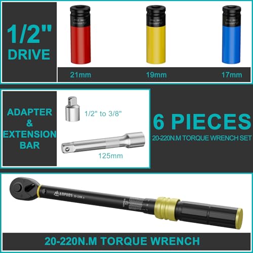 ANPUDS Drehmomentschlüssel 1/2', 20-220Nm Auto & Motorrad Drehmomentschlüssel 6-tlg. Set mit 125mm...