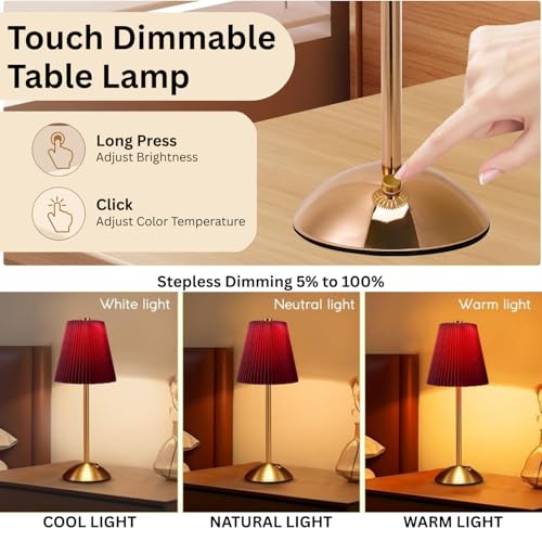 Image of NYRWANA Table Lamp | 2000mAh Battery | Home Decor, Lamps for Bedroom, Lamp for Living Room, Stepless Dimming, 3 Colour Touch Control, USB-c Charging (Metal - Red)