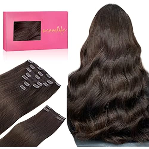 Wennalife Clip in Human Hair Extensions, 22 Inch 150g 9pcs Extensions Real Hair, Light Dark Brown Remy Ins Double Weft, #2A