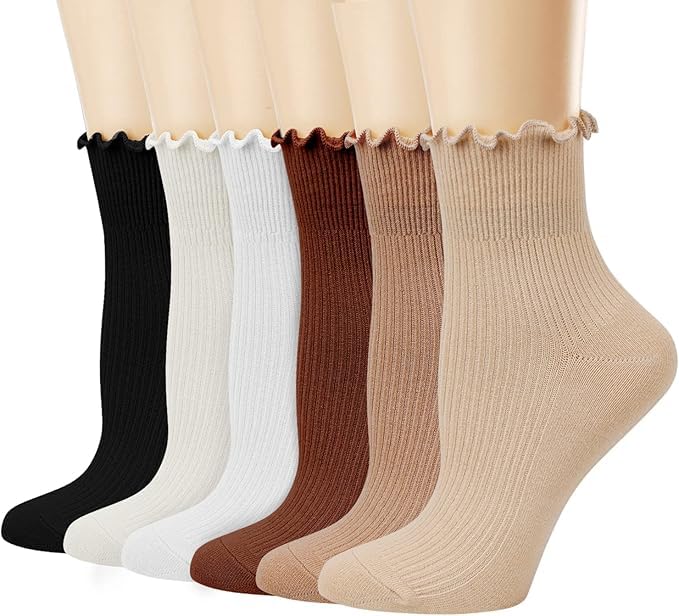 bropapa Damen Rüschen Socken,Elegante Socken mit Spitze Rand, Atmungsaktive Baumwolle Knöchel Socken, Bequem für Frauen, 6-Pack