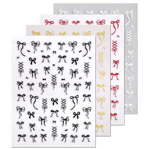 4Pcs Bow Nail Art Stickers Black White Red Gold Nail