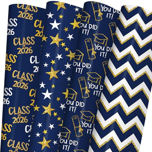 RiukRaiu Graduation Wrapping Paper 2025 - Blue Gold Trencher Cap Striped Star Gift Wrap for Praty Present Packing Celebration