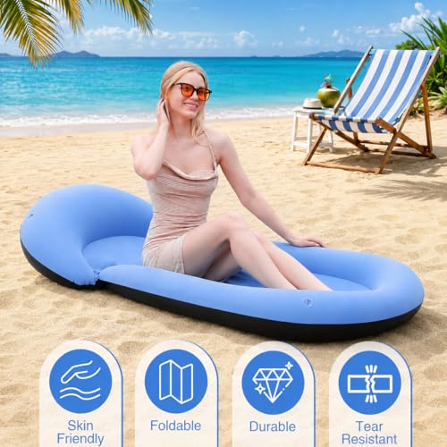 ROUSKY Inflatable Beach Mat with Pillow, Portable Flocked Beach Lounger with Raised Edges, Sand-Free Sunbathing Mat for Beach, Poolside, Camping, Picnic and Outdoor Relaxation, 70 x 29 Inch(Blue) - image 5