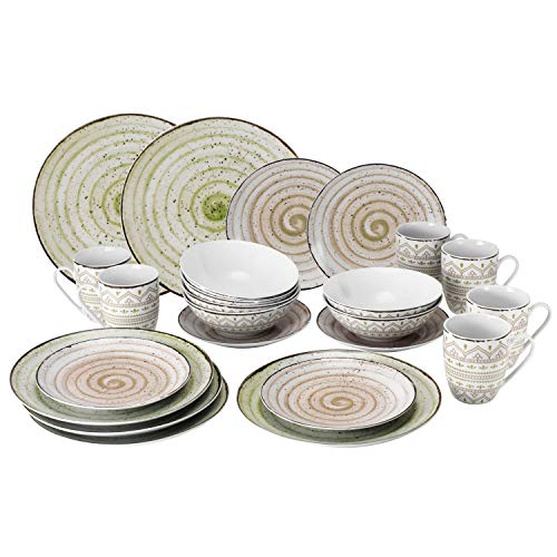 Van Well Riva - Servizio combinato da 24 pezzi, per 6 persone, in porcellana robusta con motivo, stile rustico, adatto per microonde e lavastoviglie, set da 24 pezzi