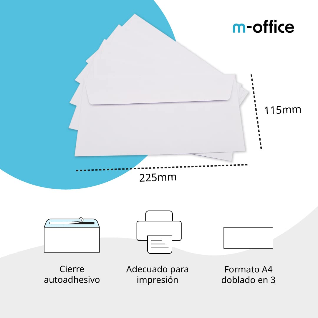 Sobres de Papel, Sobre Blanco Americano Sin Ventana, Medida 225 x 115 mm, Sobres Papel Blancos para Cartas y Documentos, Sobres 90 g/m² con Cierre Autoadhesivo · m-office (100 uds)