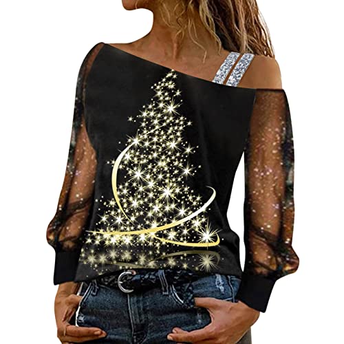 Weihnachtsshirt Damen Glitzer Festliche Blusen Sexy Schulterfrei...