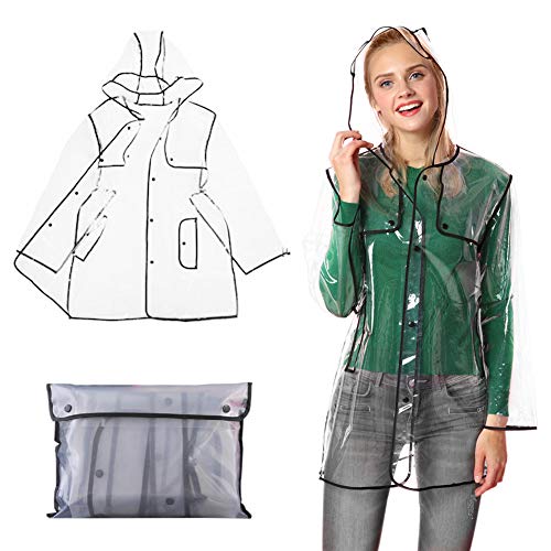 Qivange Raincoat Women Lightweight Emergency Clear Waterproof Rain Coat Jacket Reusable Rain Poncho with Belts Hood