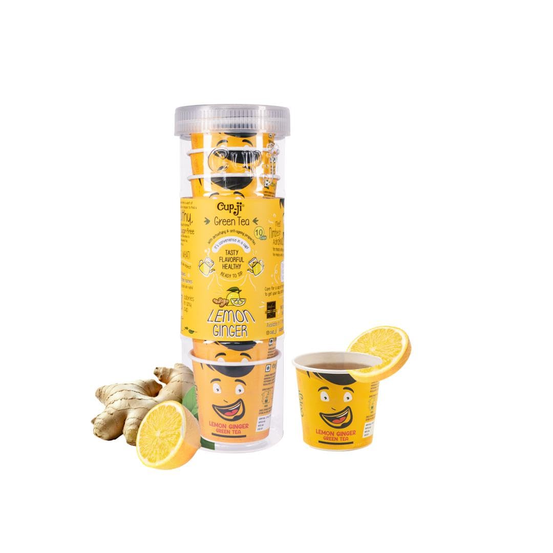Cup-Ji Lemon Ginger Green Tea | Rich in Vitamin C, Boosts Metabolism with Ginger & Mint | Non-Bitter, Tasty Whole Leaf Green Tea | Support Hair & Skin |10 Cups with Each Cup Size 210 ml