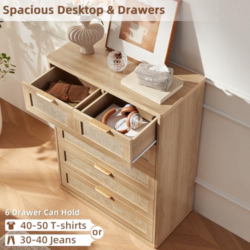 Image of LEYAOYAO Rattan Dresser for Bedroom, 41 inch Tall Chest of Drawers, Modern 6 Drawers Boho Dressers with Storage, Light Oak Dresser Wooden Closet Organizer for Living Room, Hallway, Natural Wood