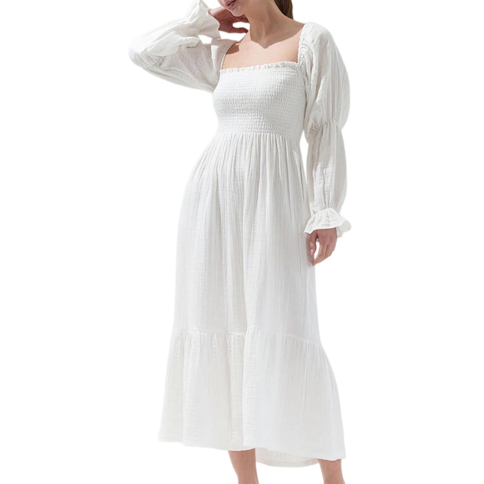 Vestito Donna Floral Midi Abito Fuori Spalla Quadrato Collo Puff Manica Lunga Elegante da Sposa Ospite-White-l