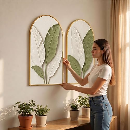 Image of Livin'luxe Set of 2 Botanical Leaf Wall Painting for Living Room, Green White Modern Artwork, PVC Golden Frame, Arch Shape Wall Decor for Bedroom, Hall, Office & Gift (30 x 32 Inch) RPNL-02-118