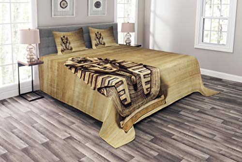 Lunarable Egyptian Print Bedspread, Stone Pharaoh Tutankhamen with Papyrus Background Design, Decorative Quilted 3 Piece Coverlet Set with 2 Pillow Shams, King Size, Pale Brown